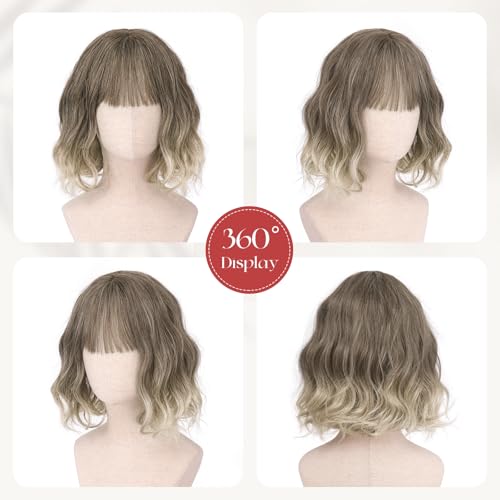 Sofeiyan 12 Inch Wavy Brown Ombre Blonde Bob Wig with Bangs