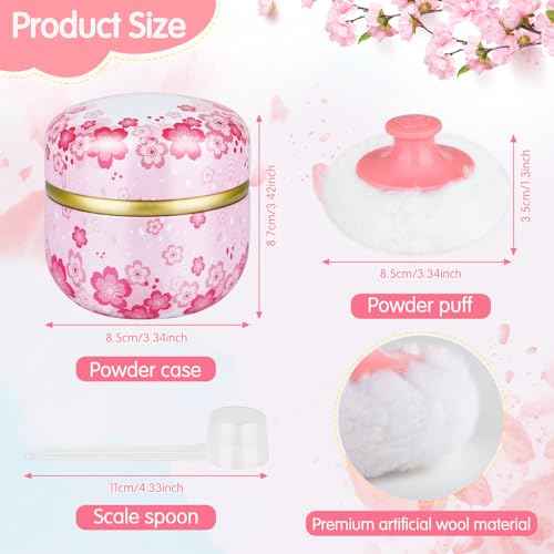 3 Pieces Body Powder Puff and Container, Baby Powder Container Floral Pattern with Large Fluffy Plush Puff Spoon, Baby Woman Loose Dusting Powder Tea Box for Home & Travel Use (Pink, Blue and Yellow)