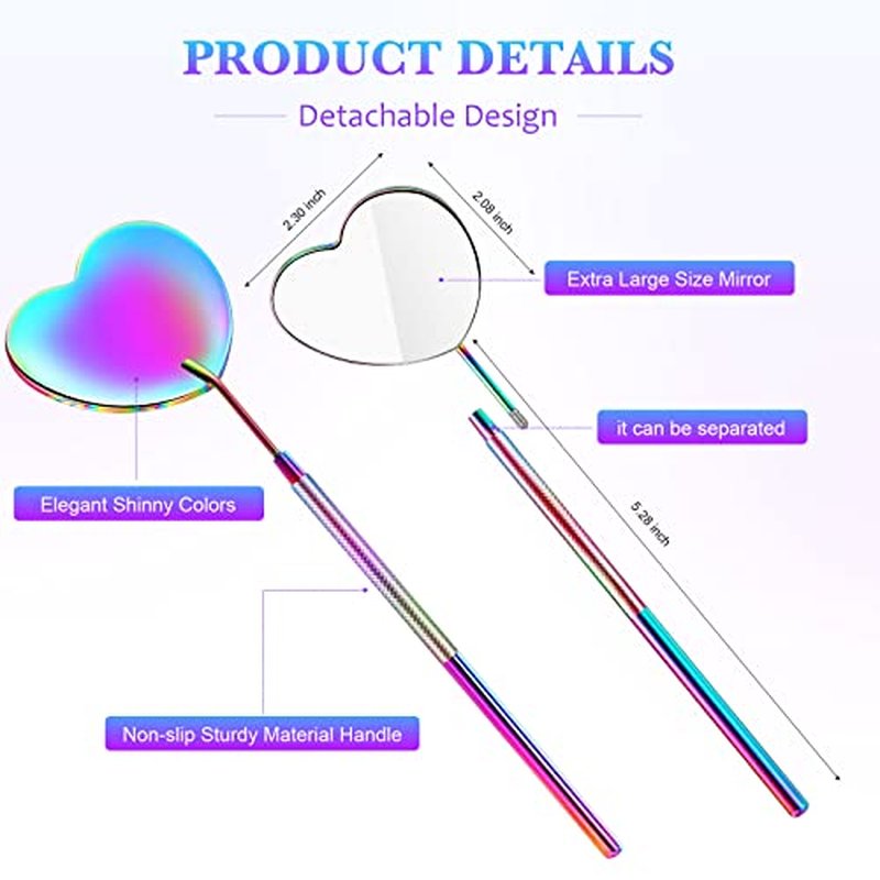 Suclain 2 Pieces Lash Extension Mirror Lash Mirror for Eyelash Extensions Lash Extensions Heart Shape Strong Stainless Steel Eyelash Mirror Rainbow Color Mirror for Makeup Lash Supplies Tools