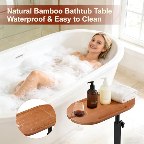 Bamboo Bathtub Caddy Tray, 360° Swivel Height Adjustable Bath Organizer