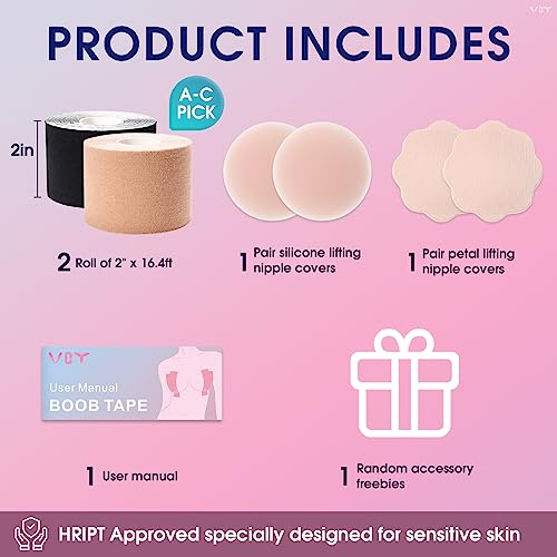 VBT 2 Pack Boob Tape - Breast Lift Tape, Body Tape for Breast Lift w 2 Pcs Silicone Breast Reusable Adhesive Bra& 2 Pcs Fabric Nipple Covers, Bob Tape for Large Breasts A-G Cup, Black&Nude