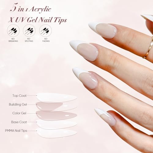 GloBlingle Classic French Gel Nail Tips - 400Pcs French Tip Press on Nails Medium Almond Fake Nails 5 in 1 Acrylic UV Gel Tips Building Gel Top Coat Cover Jelly Gel Tips Nail Extension DIY XS/S/M/L