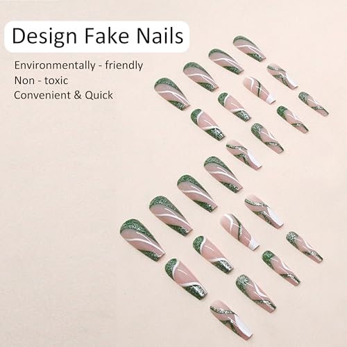 Long Square Press on Nails Square Fake Nails with Green Glitter White Ripple Designs French Tip Glossy Glue on Nails Christmas Acrylic Nails Full Cover False Nails for Women and Girls