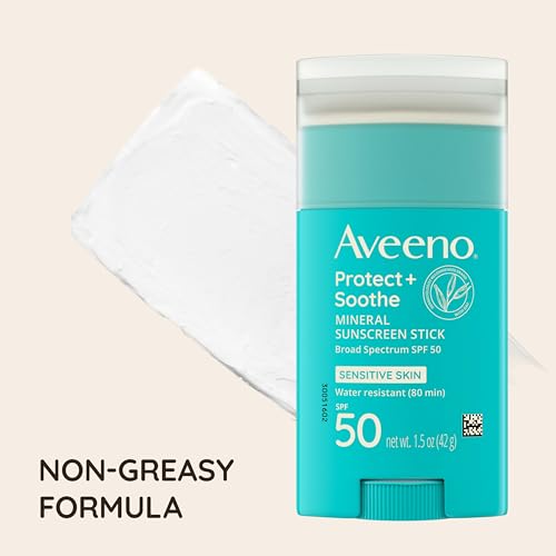Aveeno Protect + Soothe Mineral Sunscreen Stick for Sensitive Skin, SPF 50, Water-Resistant for 80 minutes, Face & Body Sunscreen with Zinc Oxide & Oat, Fragrance-Free, Travel Size, 1.5 OZ