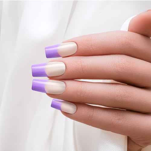 KISS Acrylic French False Nails Kit, Long Square Shape Design Nail, Purple Color French Tip Nails, Ready to Wear Gel & Manicure Stick included, Long-Lasting Convenient & Easy to Apply