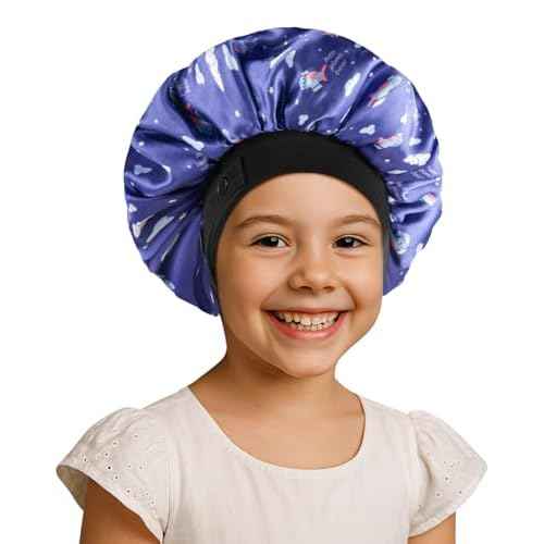 Kids Bonnet, Soft Silk Satin Bonnet for Girls Boys, Double Layer & Wide Elastic Band Kids Sleeping Cap, Adjustable Night Hat for Child Natural Hair Curly Hair (Blue Spaceship)