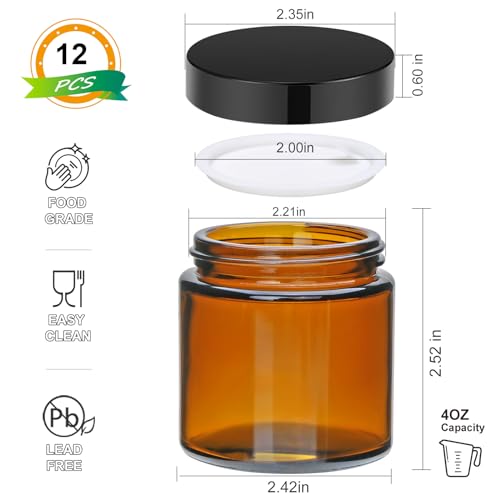 4 oz Amber Glass Jars with Black Lids, 12 Pack