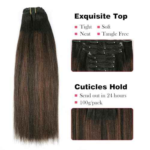 Sassina Thick Yaki Straight Style Clip in Hair Extensions Natural Black to Chocolate Brown Double Weft Real Human Hair Clip in Hair Extensions 120 Grams 14 Inch 7 Pcs