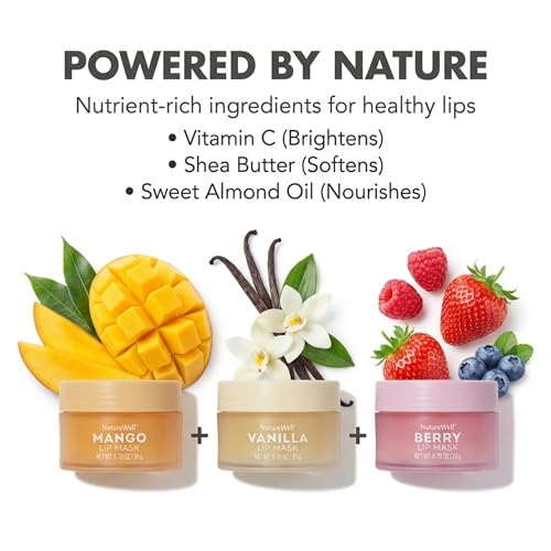 NATURE WELL Hydrating Lip Masks Variety Pack, Includes Mango, Vanilla & Berry Scents, High-Shine, Non-Greasy, Conditioning & Softening, 0.70 Ounce (Pack of 3)