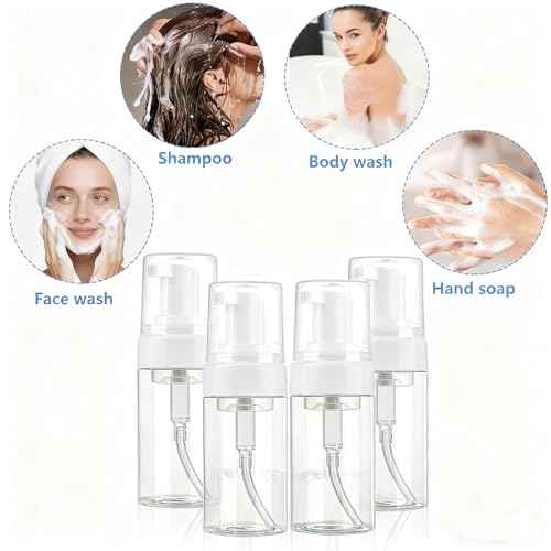 4 Pack 3.4 Oz (100ml) TSA Approved Travel Size Foam Pump Bottles for Toiletries Clear Travel Size Bottles Leak Proof with Labels