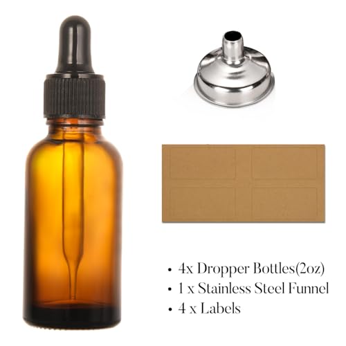 4 Pack 2oz Amber Glass Bottles with Dropper & Funnel