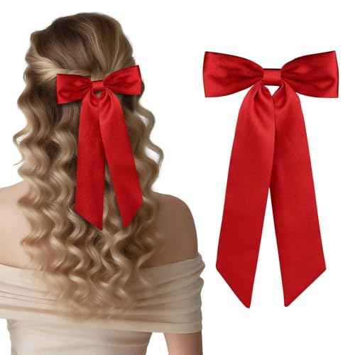 WantGor Long Tail Bow Hair Clips, Hair Ribbon Bows Satin Bowknot Clip Large Hair Barrettes Cute Ponytail Holder Hair Accessories for Women Daily Party Wedding Prom (Red)
