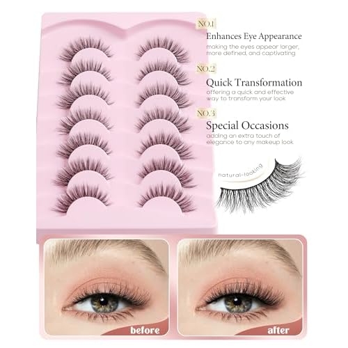Onlyall Natural Lashes Wispy Lashes Natural Look False Eyelashes Natural Flared Eyelashes False Eye Lashes Soft Fluffy Lashes 7 Pairs D-K06, Black