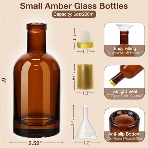 TBWIND 12 Pack 6oz Amber Glass Bottles with T-Top Corks - DIY & Gift Use