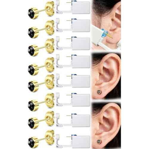 Get the Perfect Ear Piercing with 24 Pcs Premium Ear Piercing Kit - Includes 8 Black CZ Stones Earrings and 8 Easy-to-Use Self Ear Piercing Gun - Safe and Painless