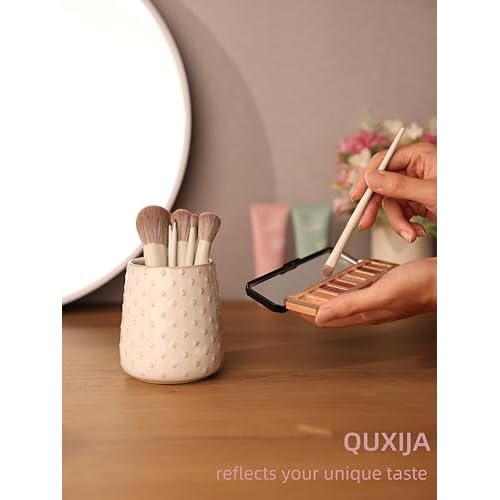 Ceramic Makeup Brush Holders, Farmhouse Bathroom Vanity and Countertop, Brushes Cup for Bathroom Cosmetics, Lipsticks, Vanity Desktop Storage (Vintage White)
