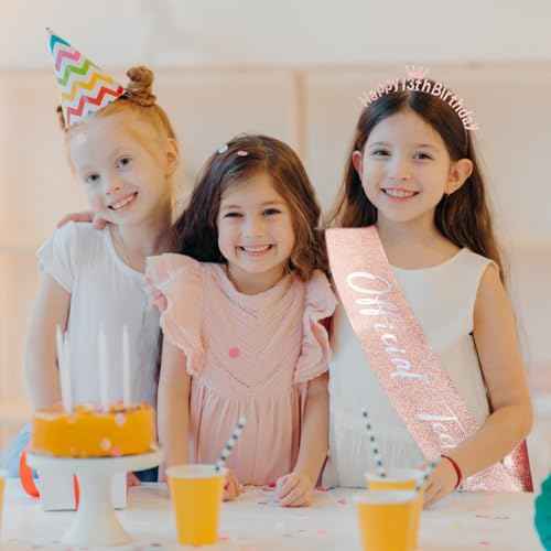 13th Birthday Decorations for Girls Official Teenager Sash 13 Year Old Tiara Crown Headbands Thirteen Hair Band Happy 13th Birthday Gifts for Girls Rose Gold