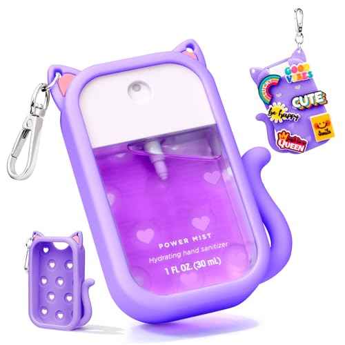 Silicone Case Compatible with Touchland Hand Sanitizer Spray 1 FL OZ/30ML, Portable Cat-Shaped Case with 6 Charms and Keychain, Cute Hand Sanitizer Spray Accessory (1PCS Purple)
