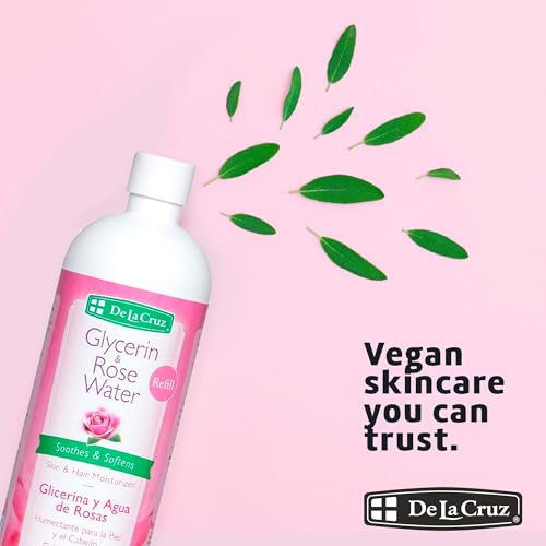 De La Cruz Rose Water and Glycerin for Face - Rosewater Facial Toner and Moisturizer for Skin and Hair Refill Bottle 16 fl oz. (473 mL) - 1 Bottle