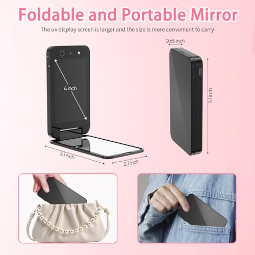 DESCHEN 2500mAh Rechargeable UV Camera UV Mirror for Sunscreen Test, 4 Inch Portable Double-Sided Travel Smart UV Lens Compact Detection Makeup Sunscreen Testing Camera Mirror, Skin Sun Protection