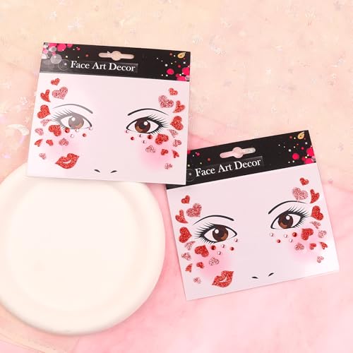 Valentine's Day Face Gems Face Jewels Stickers Red Love Heart Lip Self Adhesive Eye Body Face Nail Hair Crystal Rhinestones for Makeup Festival Glitter Face Art Decor 2Sheets (style1)