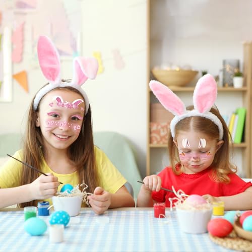 Konsait Bunny Ears Headband with Bunny Face Stickers Tattoos, Easter Bunny Ear Headband Rabbit Temporary Makeup Face Tattoos Rabbit Costume Accessories for Women Girls