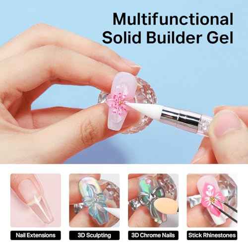 MIZHSE Solid Builder Gel for Nails, Clear 60g 3D Sculpting Gel for Nail Art Non-Sticky Molding Hard Gels UV LED Nail Charm with Gold Chrome Nail Powder and 3D Silicone Flower Mold Kit for DIY Salon