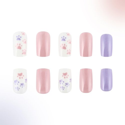 24Pcs Cute Press on Nails Square Short Fake Nails Solid Color Glue on Nails Cat Claw False Nails with Designs Valentine's Day Acrylic Nails Glossy Artificial Stick on Nails for Women Girls