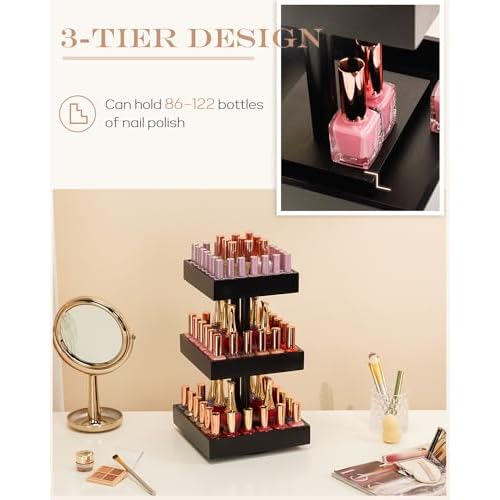 Homde Nail Polish Organizer for 86-123 Bottles, 360 Rotating Nail Polish Rack Holder, Display Storage Shelf for Fingernail Stand and Essential Oil, Gifts for Women Girls- Bamboo,Black
