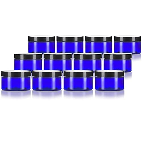4 oz Cobalt Blue PET Plastic Low Profile Jar with Black Lids (12 pack) Refillable Empty Containers