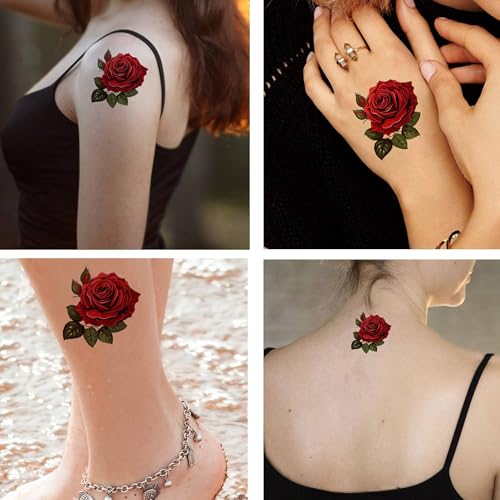 6 Pcs Temporary Tattoos Red Rose Leaves Fake Tattoos for Adult Real Tattoo