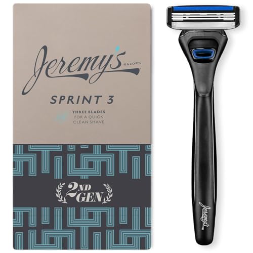 Jeremy's Razors for Men: Sprint 3 Blade Razor - Stainless Blades, Lubricating Strip, Precision Trimmer - Men's Shaving Essentials Kit, Travel Shaver Face Body Head Shavers (1 Razor 1 Cartridge)