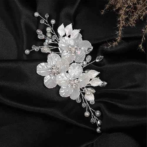 3 PCS Large Flower Bridal Wedding Hair Pins Crystal Pearl Hair Clips Headpiece Bride Hair Accessories Jewelry with Rhinestone, Glitter Emboss White Flower
