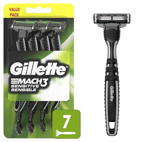Gillette Mach3 Sensitive Razors for Men, Men¡¯s Disposable Razors, Pivoting Head for Close and Comfortable Shave, 7 Count