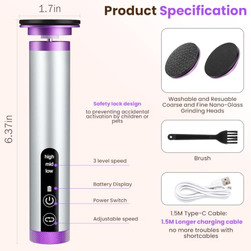 CYFERUY Silver Electric Foot Callus Remover with Nano-Glass Heads, Rechargeable Pedicure File, Up to 6H Runtime, Adjustable Speeds, Gift for Men Women