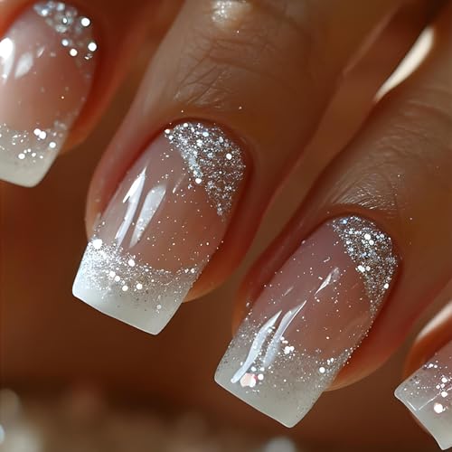 24 Pcs White French Tip Press on Nails Medium Square Fake Nails with Glue Glitter Full Cover False Nails with Silver Sequin Design Acrylic Nails Press ons Coffin Nail Tips Glue on Nails for Women