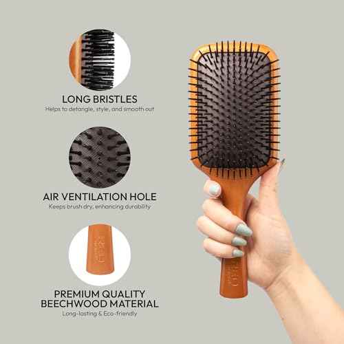 Red by Kiss Evergreen Wooden Square Paddle Hair Brush, 100% Beechwood, Long Bristles, Detangling, For All Hair Types, Sustainable, Painless Detangling, Air Ventilation Hole, Wet Dry Hair, Unisex