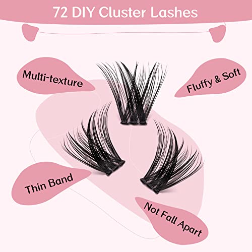 Cluster Lashes 72 Pcs Lash Clusters DIY Eyelash Extension Individual Lashes D-12mm Thin Band Easy to Apply at home Lashes (Adore, D-12mm)