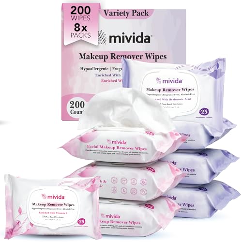 mivida Hypoallergenic Makeup Remover Wipes - 200 Count | Vitamin E & Hyaluronic Acid