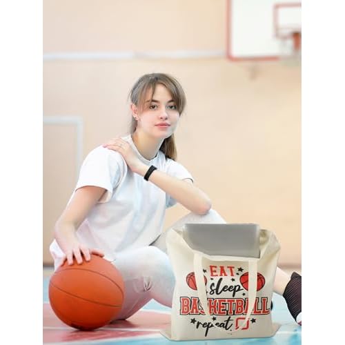 18 Pcs Volleyball Basketball Gifts for Women Cosmetic Bag Canvas Tote Bags Set for Teen Makeup Travel Players Teams(Basketball)