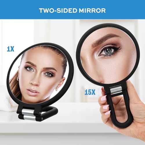ForPro Professional Collection Premium Magnifying Handheld Mirror, 1X/15X Magnification Hand Mirror, Folding Adjustable Handle, for Makeup, Travel, Black