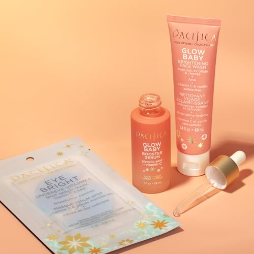 Pacifica Beauty | Glow Baby Vitamin C Trial + Value Kit | 3-Piece Skin Care Gift Set | Travel Friendly | Brightening Face Serum, Face Wash/Cleanser, Under Eye Patches | Glycolic Acid, AHA | Vegan