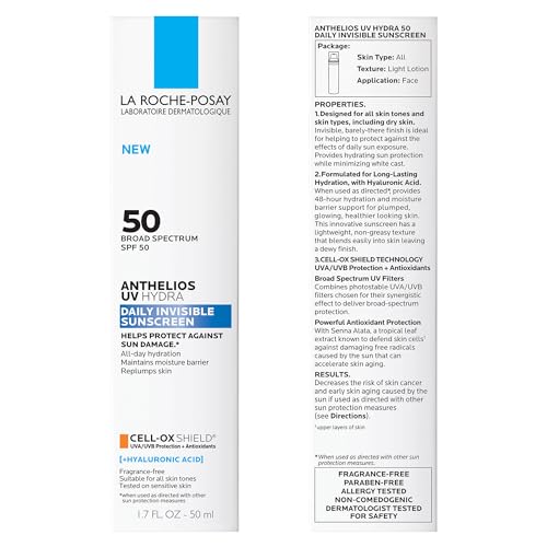 La Roche Posay Anthelios UV Hydra Sunscreen SPF 50 | Daily Hydrating Sunscreen for Face with Hyaluronic Acid and Vitamin E | Broad Spectrum Invisible SPF Protection | Anti Aging | Fragrance Free