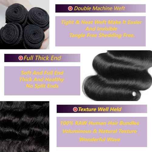 Body Wave 12A Human Hair Bundles 22 24 26 Inch Body Wave Bundles Human Hair 100% Unprocessed Virgin Hair Extensions Raw Quick Weave Extensions Natural Black