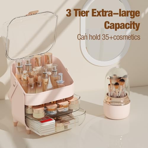 Makeup Organizer Countertop & 360¡Æ Rotating Makeup Brush Holder, Skincare Holder with Lid and Drawers, Storage Box Cosmetic Display Cases, Teen Girl Gifts, Vanity, Bathroom Counter, Pink