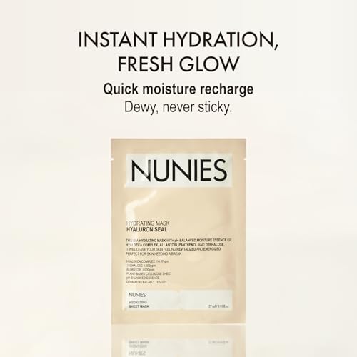 NUNIES Hydrating Sheet Mask ? Korean Moisturizing Face Mask for Dry & Sensitive Skin | 10-Layer Hyaluronic Acid, Trehalose & Allantoin | Glow, pH-Balanced | Fragrance-Free, Colorant-Free | 5 Sheets