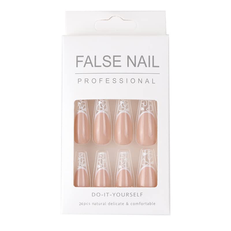 DOUBNINE Press on Nails Long Coffin Nude Heart Clear French Tip Glossry Acrylic False Nails with Jelly Double Sided Adhesive Luxury Full Cover Stick On Nails for Women