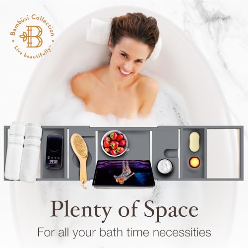 Bamboo Bathtub Caddy Tray - Expandable Bath Tub Organizer
