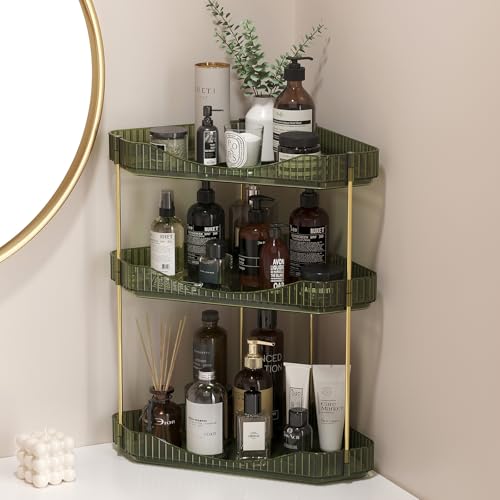 Lifewit 3-Tier Corner Bathroom Counter Organizer, Plastic Makeup Skincare Organizers Storage Countertop, Large Sink Cosmetic Perfume Shelf for Bedroom, Dresser, Kitchen, Vanity, Green, 39 cm/15inch(H)