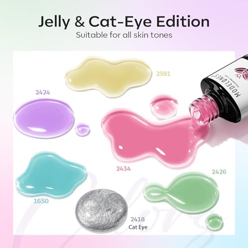 Modelones Gel Nail Polish Set 6 Colors B Jelly Pastel & Cat Eye, Long Lasting
